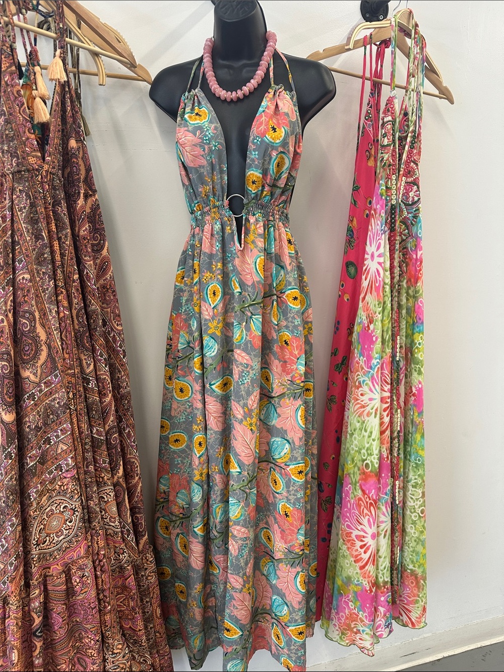 Halter Floral Maxi Dress in Teal and Coral
